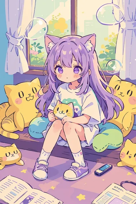 cat girl , Alone,  white clothes,  of shirt , socks, sneaker, soft pastel colors, (purple, green, rosa,  yellow ),  convenient , dreamlike, performer , stickers, bubble, sparkling, Shine,  plush toy , Cat toys with stars