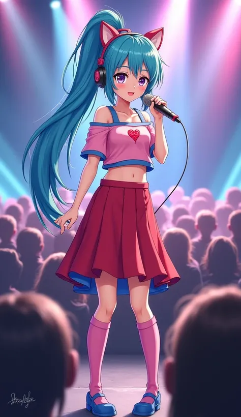 anime girl with long sky blue rough spiky ponytail hair wearing short pink off the shoulder crop top with shoulder straps and blue lining around the bottom of the sleeves big red heart on the shirt and hem bellybutton shown cat ear headphones knee length r...