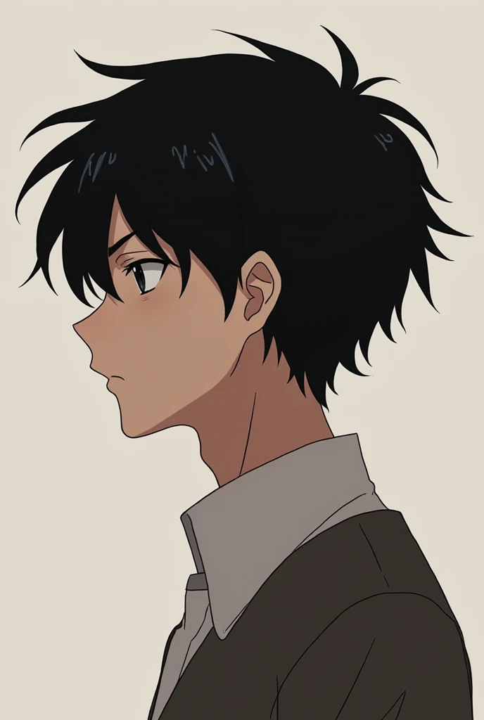 anime boy, serious face, profile, thinking and with eyes closed, black hair