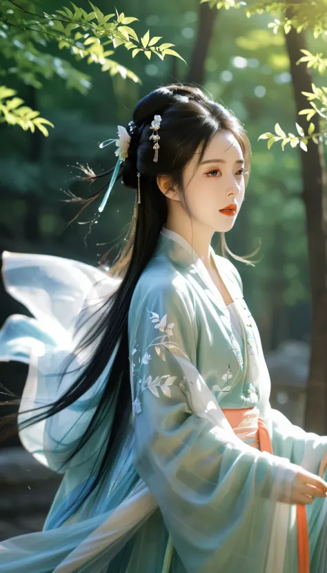 Texture , skin particles,1 girl,Hanfu,blueprints,Look at the view,outdoor,Forest, sunlight shining through leaves ,Shrubs ,flower,, hair fluttering in the wind , light rays ,(Light rim :1.3),