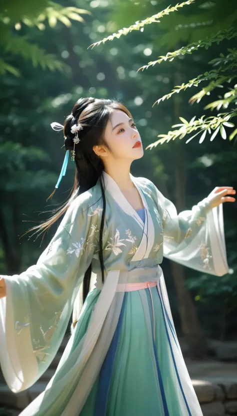 Texture , skin particles,1 girl,Hanfu,blueprints,Look at the view,outdoor,Forest, sunlight shining through leaves ,Shrubs ,flower,, hair fluttering in the wind , light rays ,(Light rim :1.3),