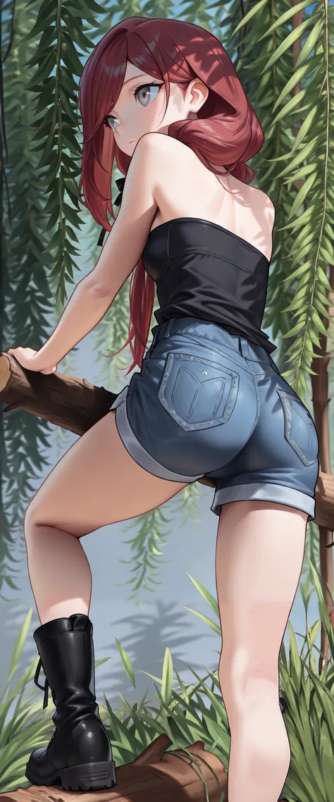 score_9, score_8_up, score_7_up, 1girl, solo, back view, ass, balancing on wooden log, low twin tails, gray eyes, dark red hair,  (((long swept bangs))), thin, close up, small breasts, (((strapless))), ((strapless loose sleeveless shirt, black shirt, blue ...