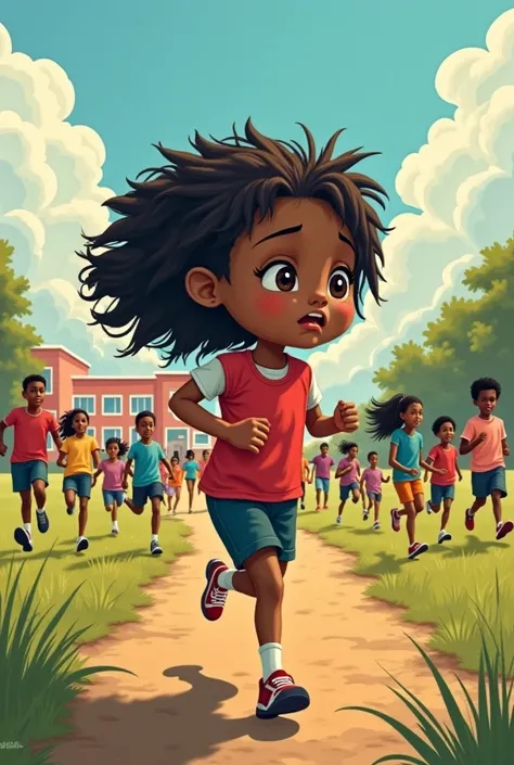 make me a cover picture for a book where a girl runs away from school because she is being bullied because she has darker skin. I want ren who are bullying her to be in the picture. A girl is running away from school. There will be a school in the backgrou...