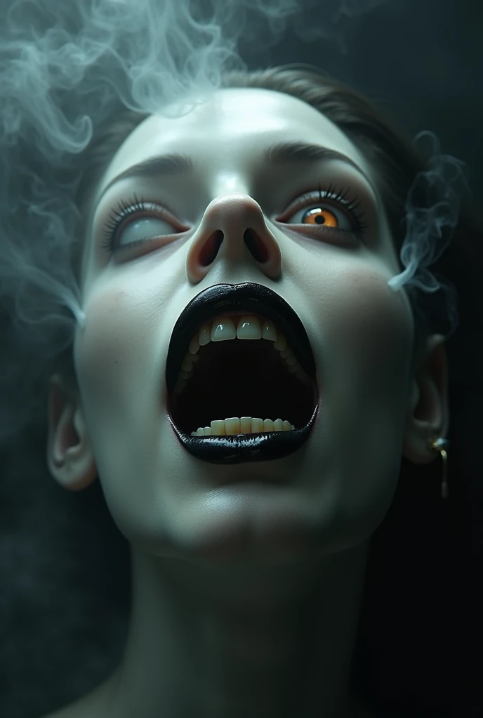 a perfect, full mouth, wearing black lipstick with a light brown eye, the eye is open inside the mouth. perfect teeth. black background with smoke, fog