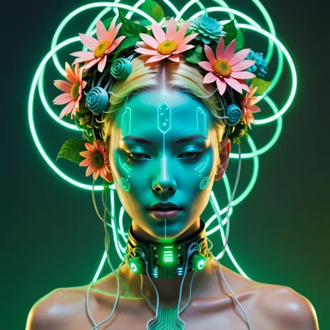 The cover of **"Neo Flora "**  is a surreal and dreamlike image . an androgynous figure ,  with the face covered by a mask made of digital flowers and intertwining circuits Hacked,  emerges from a hazy background , Blonde and Korean.  Flowers seem to grow ...