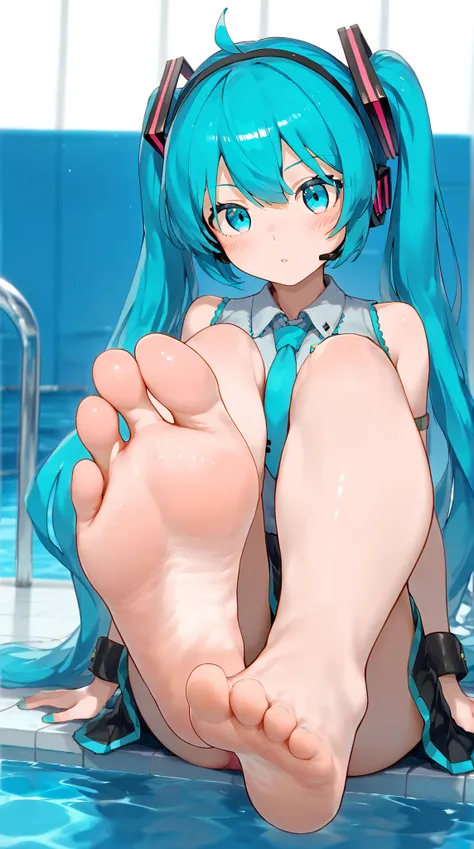 Do Hatsune Miku showing the soles of her feet toward the viewer,  wearing pink panties under her skirt she has long pool blue hair, eyes of the same color and fair skin .  She wears a sleeveless gray blouse with a pool blue tie ,  pleated black skirt with ...