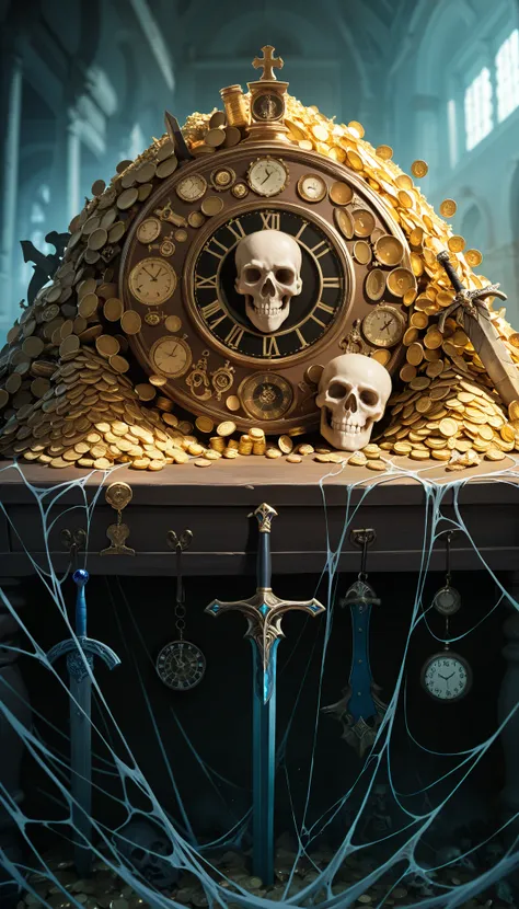 ( masterpiece,  better quality), safe,  incredible quality ,  very aesthetic, absurdities, highres,  newest , HDR-10, 8K,  high detail RAW color art ,  large pupil ,  tabs,  high detail RAW color art,Human skull, scale on a table,gold coins jewelry ,broken...