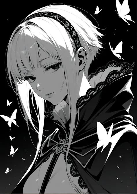 score_9,score_8_up,score_7_up,score_6_up, face, solo, (1girl), (((very short haircut))) ,hair band, short blunt bang, white hair, armor, sexy, gray scale, line art, manga panel, black eyes, ((black backgrounds)) ,butterfly, dress, medium breast, hands , ((...