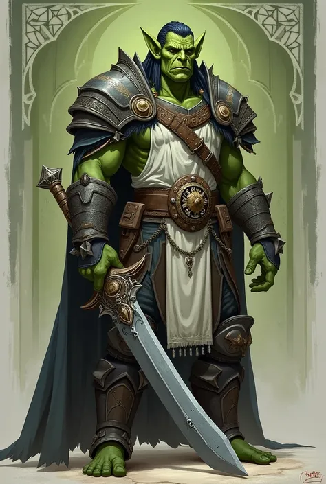 A green-skinned orc warrior stands confidently, holding a large sword with intricate designs. He wears ornate armor, including shoulder plates and gauntlets, with a dark cape draped over his shoulders. His outfit features a mix of dark and light colors, in...