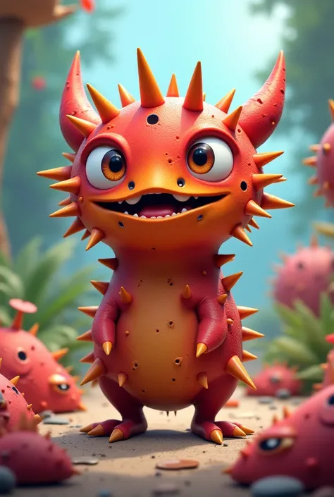 Gozila video game mascot with thorns on its body and funny face