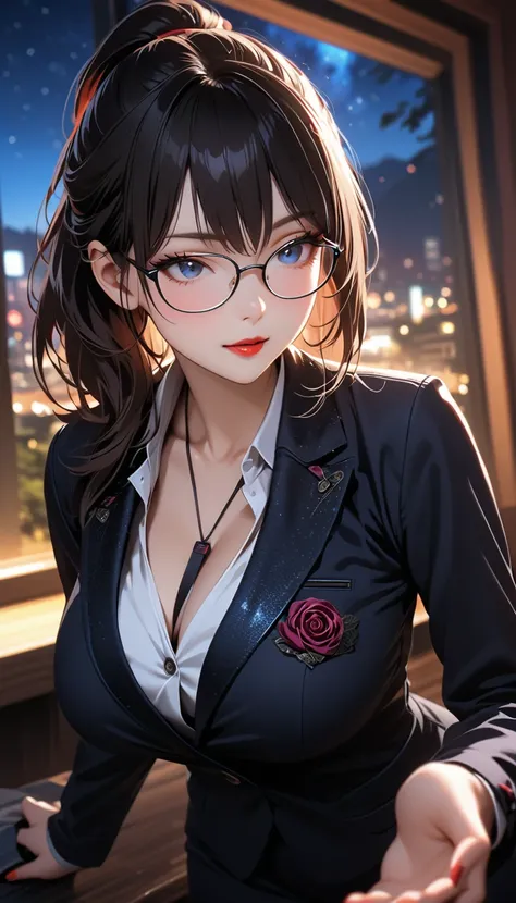 (( Masterpiece)),  top quality,  SUPER DETAILS,  high resolution,  extremely detailed CG integrated 8K wallpaper, HQ_HDR, ( deep depth of field on the riverbank), (((wear glasses))), ( attractive female teacher with big breasts beckoning for her seat),  bl...