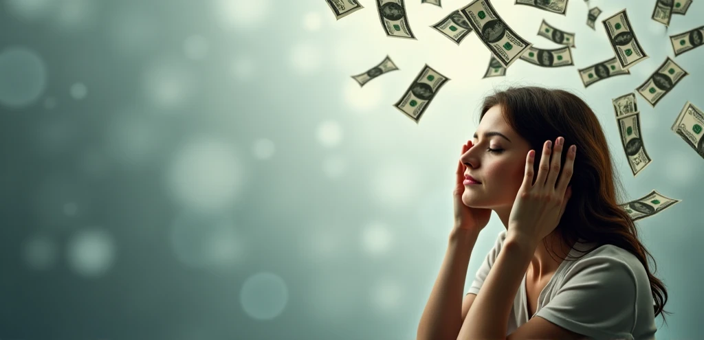 woman with her hands on her head mentalizing .  the woman is positioned on the right side of the image. Falling money bills