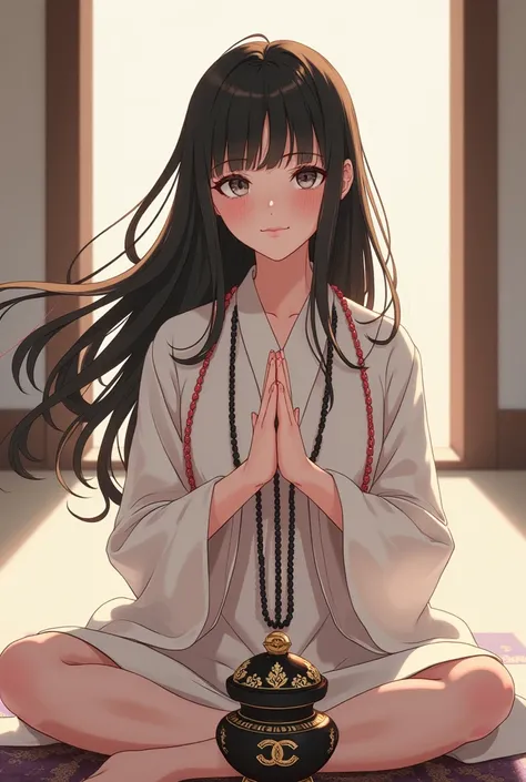 An anime-style image of a girl with Chanel hair doing devotional 