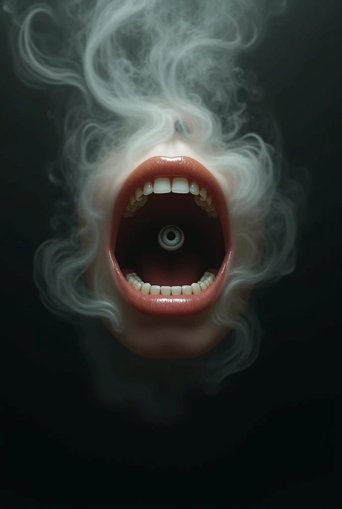 a perfect, full mouth, wearing prata lipstick with a light brown eye, the eye is open inside the mouth. perfect teeth. black background with smoke, fog