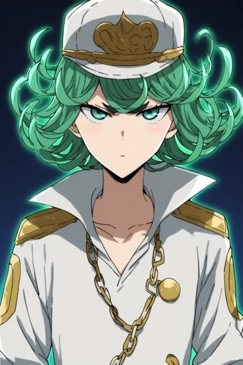 Tatsumaki wears a white suit that includes a long, open jacket .  This suit has details in blue and gold ,  giving it an elegant and distinctive look .
 under the jacket,  wears a light green shirt ,  that adds an interesting contrast to the . His belt has...