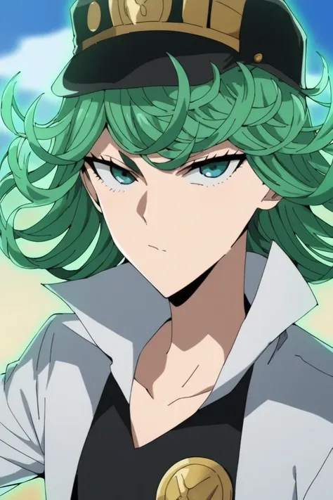 Tatsumaki wears a white suit that includes a long, open jacket .  This suit has details in blue and gold ,  giving it an elegant and distinctive look .
 under the jacket,  wears a light green shirt ,  that adds an interesting contrast to the . His belt has...