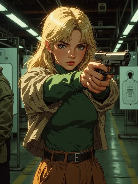 short girl, about fifteen years old,  with blond long hair and dark brown eyes, in a green turtleneck and a skirt with a shirt on top, he learns how to shoot at a shooting range with a pistol,  dark dark tones 