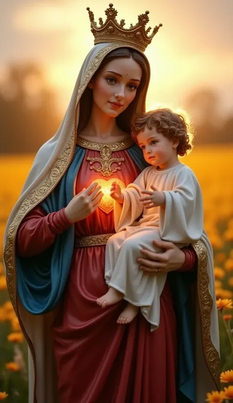 Perfect hand 5 finger, Portrait of a beautiful virgin mary and baby jesus. wearing maroon clothes of queen and crown shining the light from the head and heart all over in the flower farm, virgin mary and baby Jesus, real blue eyes, sunny day, intricate det...