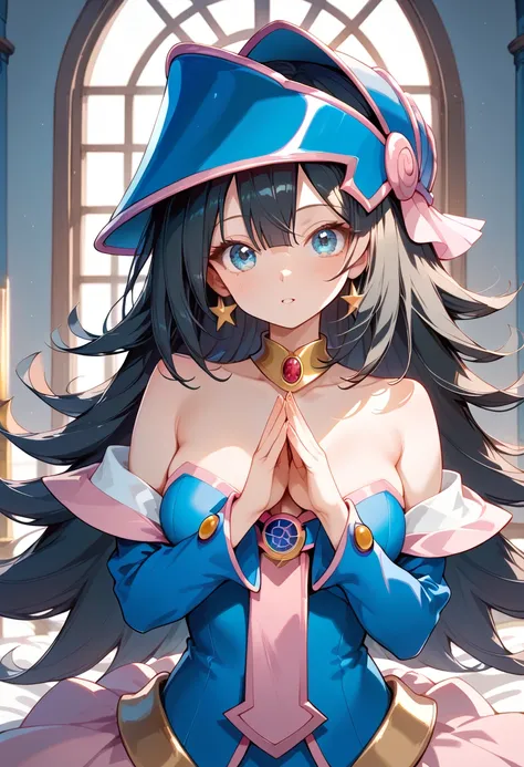 ((masterpiece, best quality, ultra detailed, high resolution, detailed facial description, perfect hands, perfect eyes)), (1 woman, solo), (black hair, very long hair, straight hair, blunt bangs), (light blue eyes), (magician girl costume), (Yu-Gi-Oh! worl...