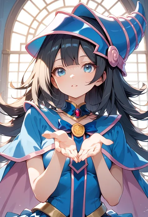 ((masterpiece, best quality, ultra detailed, high resolution, detailed facial description, perfect hands, perfect eyes)), (1 woman, solo), (black hair, very long hair, straight hair, blunt bangs), (light blue eyes), (magician girl costume), (Yu-Gi-Oh! worl...