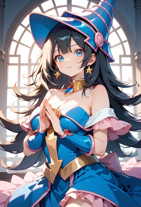 ((masterpiece, best quality, ultra detailed, high resolution, detailed facial description, perfect hands, perfect eyes)), (1 woman, solo), (black hair, very long hair, straight hair, blunt bangs), (light blue eyes), (magician girl costume), (Yu-Gi-Oh! worl...