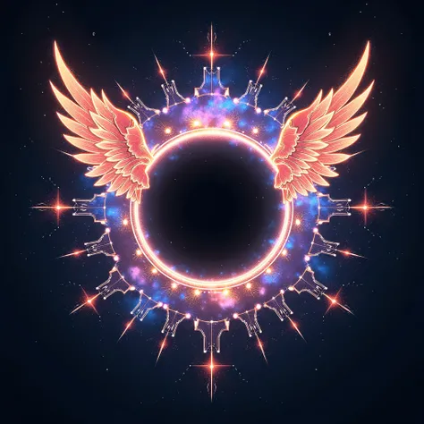 " A cosmic emblem with a rotating black hole and a glowing mosaic effect,  mosaic where geometric light fragments form dynamic patterns .  The black hole has wings made of stellar energy and vibrant nebulae , extending like galaxies in formation .  The sty...