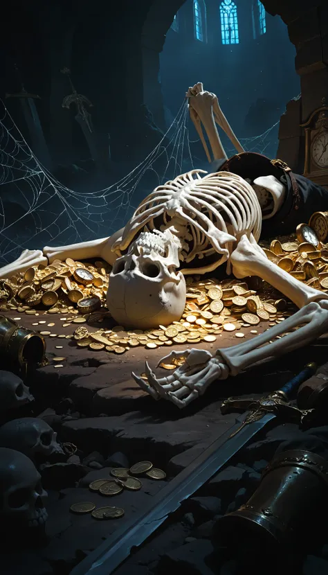 ( masterpiece, better quality), safe, incredible quality , very aesthetic, absurdities, highres, newest , HDR-10, 8K, high detail RAW color art , large pupil , tabs, high detail RAW color art,Human skull, scale on a table,gold coins jewelry ,broken...