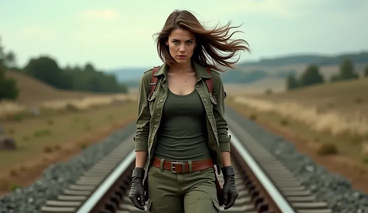 "A tall woman with medium-length brown hair, Becky Barnes, stands at the edge of a moving train, her hair blowing dramatically in the wind. She is dressed in a rugged military jacket over a fitted shirt and cargo pants, with sturdy boots. Her expression is...