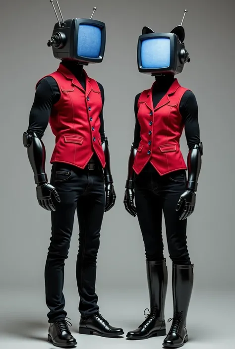 Man and woman with old dark television head for women antennas and kitten ears , for both with robotic arms red vest with dark blue buttons black t-shirt with black gloves dark pants black shoes and women's TV boots black boots and that their screens show ...