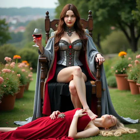 featuring two women in the park.  The main focus is on a woman with long brown hair that unravels,  big boobs, sit confidently in a high wooden chair. He was wearing an elaborate grey and red outfit,  exudes authority and elegance . Her outfit consisted of...