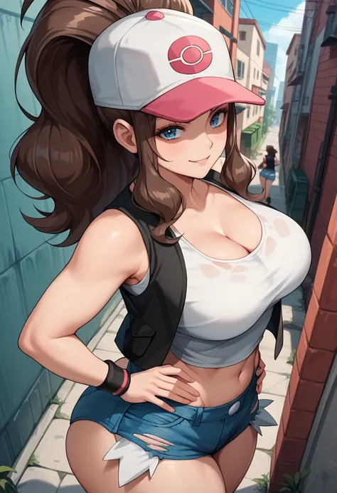 1girl, mature woman, smug, slight smile, looking up at viewer, pokemonhilda, blue eyes, brown hair, long hair, ponytail, baseball cap, blue shorts, denim, hat, micro shorts, vest, wristband, sleeveless, black vest, white croptop, micro shirt, outdoors, cit...