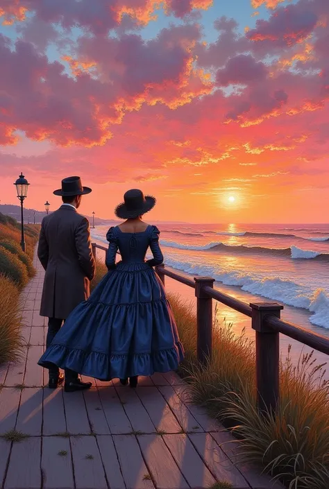   impressionist style ,  Van Gogh style ,  Coney Island ,  Lean on the Handrail of a Wooden Sidewalk by the Sea,  sunset over the horizon , Man and woman in old fashioned clothes watching the sunset, Wind Blowing from Hill to Sea ,  Retro Style , oil Paint...