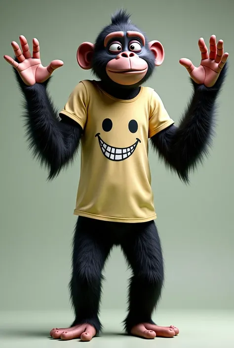    young teenage gorilla girl with a t-shirt and logo (smile) Tim Burton's lean and athletic physique waving in Spanish 