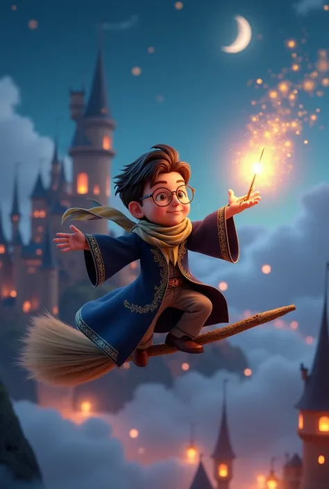  A highly detailed 3D-rendered image of a young wizard soaring through the sky on a magical broomstick, designed in the style of Pixar and Disney 3D animation. He wears a flowing wizard robe with intricate golden embroidery, a striped scarf billowing in th...