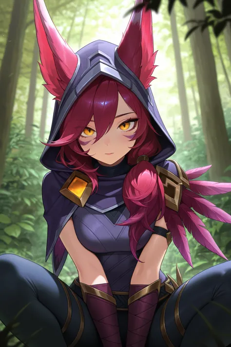 masterpiece, best quality, amazing quality, very aesthetic, high resolution, newest, hyper-detailed, realism, 1girl, xayah \(league of legends\), animal ears, feathers, hood up, nature background, depth of field, absurdres