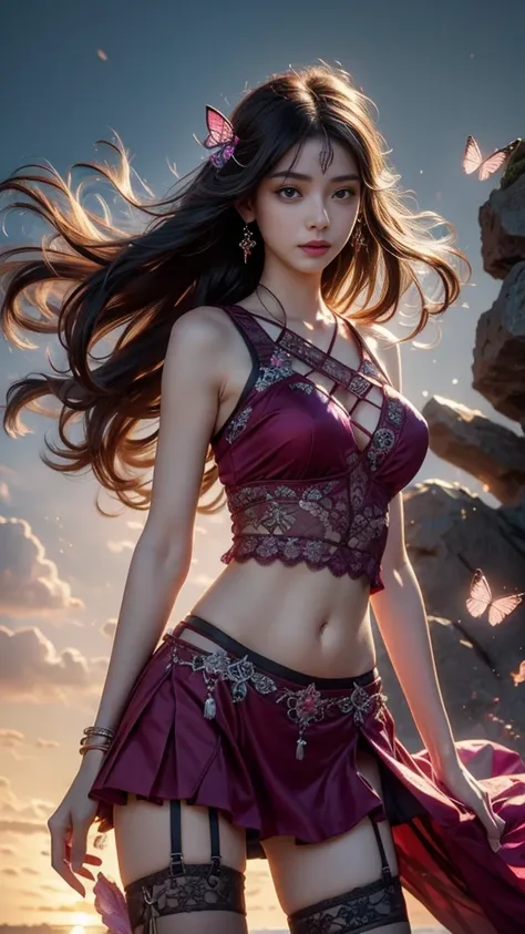 8K, ultra hd, masterpiece, hd colors, 1 girl, perfect face, very long curly hair, detailed eyes, detailed clothing, ((magenta clothing)), stocking, ((criss-cross lace)), sardine, straps, net clothing, ((long loops)), ((navel)), ((jwellery:1.5)), waterside,...