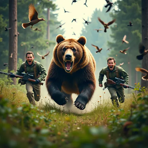 "A dynamic and intense forest scene filled with chaos and energy. A massive brown bear roars ferociously, its sharp teeth bared as it charges through the lush greenery. Birds scatter into the sky in a colorful frenzy, their wings flapping wildly. Two frigh...