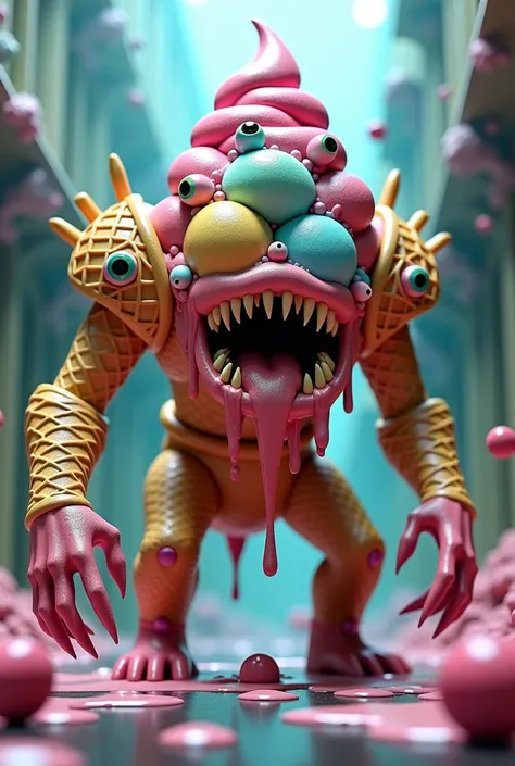 Melting ice cream monster with waffle cone armor, candy fangs, multiple melting eyes, creepy but colorful, surreal horror, high detail, 4K.