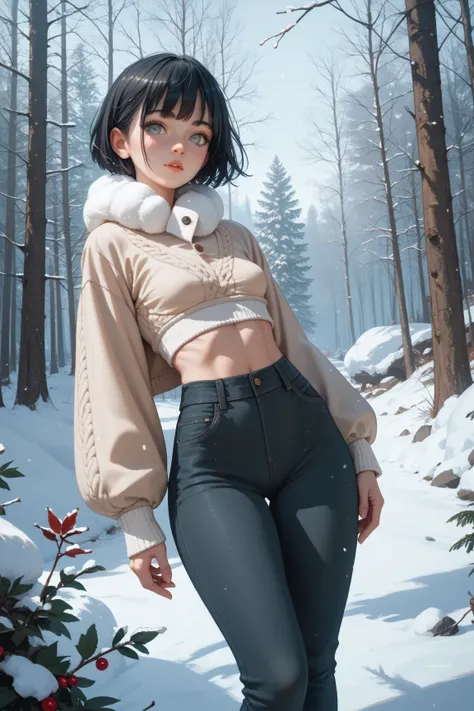 Skinny Girl ,  Black hair ,  short hair,  grey eyes,  small breasts ,  wide hips, winter, pants, top, forest