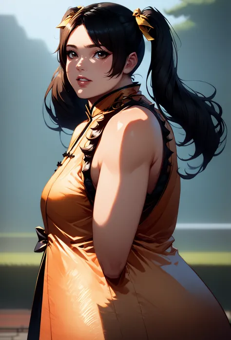 score_9, score_8_up, score_7_up,derpibooru_p_95, 
source_anime, very aesthetic, anime screencap, anime coloring, 
ling xiaoyu, ling xiaoyu \(tekken\), 1girl, solo, long hair, breasts, looking at viewer, bangs, black hair, dress, bow, bare shoulders, twinta...