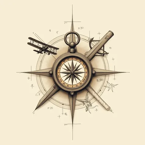 create a logo for a travel agency called Travel Atelier, inspired by Da Vinci sketches. Key elements are compass, plane, pencil, protractor and ruler