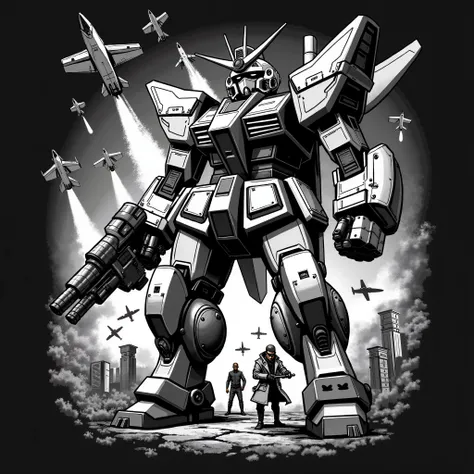 Highly detailed black and white screen-printed design for a dark t-shirt. A massive Gundam-style mecha, standing in a high-energy battle stance, surrounded by futuristic fighter jets soaring through the sky, stealthy ninjas mid-air performing acrobatic mov...