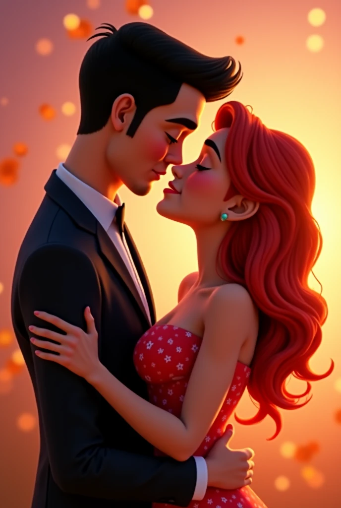  In Pixar style A couple kisses passionately.  The girl is normal weight  , red wavy hair,  luscious curves and a radiant smile . The Chilean boy is tall ,  normal physique , with black short hair, bald,  dark eyes three-day beard and a passionate look.  T...