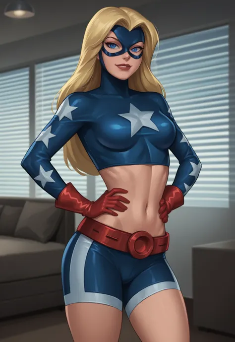 safe_pos, PonyXLV6_Scores BREAK ((retro artstyle, parody)), perfect anatomy, cowboy shot) 1girl, blonde hair, long hair, blue eyes, flirting, raised eyebrow, ((looking at viewer)), mask, domino mask, crop top, star (symbol), superhero, midriff, navel, glov...