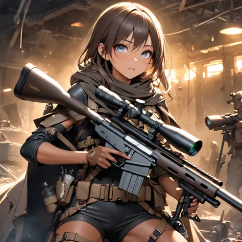 Beautiful female sniper in a sniper position in the apocalyptic world 、 sniper rifle with a cape、 anatomically correct posture 、 equipped with lots of tools on a tanned leather tool belt、Full Harness、 perfect eyes、Glossy brown skin 、Tattered clothes、 mo...