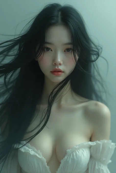 Image of a white Asian woman with long hair with her breasts surrealistic sample