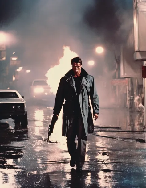 terminator,high resolution photo of trm man ,normal hair,punk coat,cargo pants,close-up,holding a gun,city on fire,surreal,gloomy,dimly lit,horror atmosphere,dramatic lighting,volumetric lighting,fog,film grain,cinematic