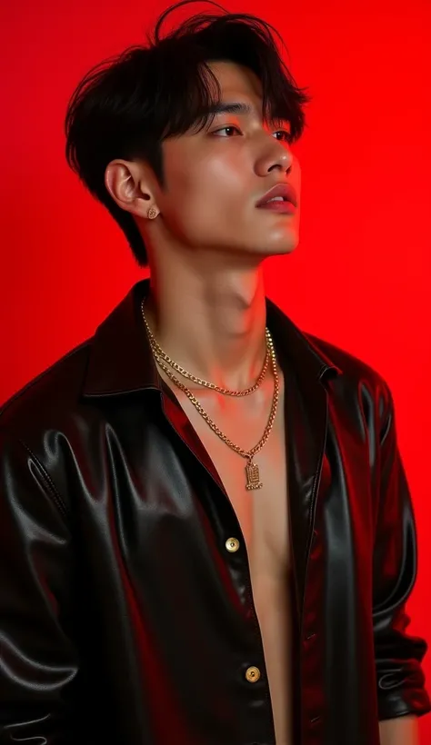 Portrait of a young Korean man in his 20s with fair skin and short, muscular black hair, inspired by actor Lee Jun-ho

poses against a vibrant red background, exuding confidence and mystery. His slightly messy black hair adds a rebellious touch to his refi...