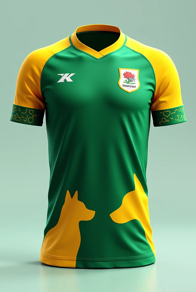 Create a sports soccer jersey that wears green colors, yellow and white. Have silhouettes of pets included on the sides of the t-shirt 