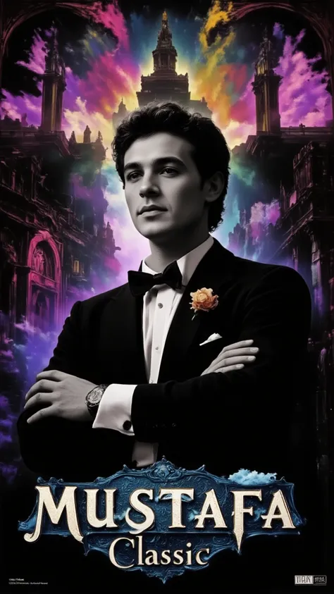 Create a black and white photograph that exudes the essence of classic 1920s Hollywood glamour, he is taking a shot by a photographer, enhanced with vibrant tuxedo, a shining, elegant high class magical royal  astonishing suit. The scene captures an handso...